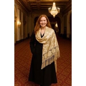 Floral SCARF Gold Metallic Brocade 60x22 Fringe‎ Accent